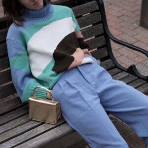 House of Sunny Landscape Wool Blend Blue Knit Jumper Sweater US 2​​​​​​​​​​